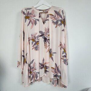 Free People Womens Floral Boho Tunic Top Large Light Pink Long Sleeve Keyhole